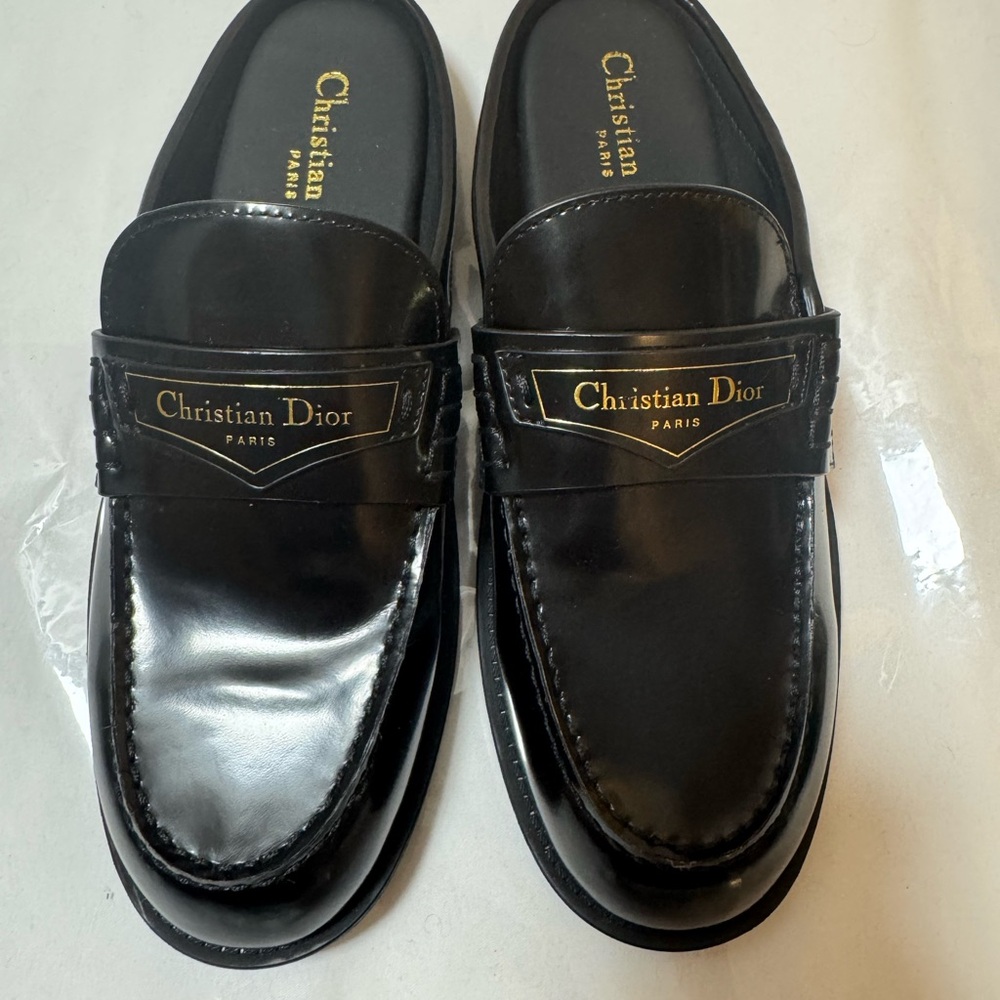 Dior Black Patent Leather Loafers with Gold Logo